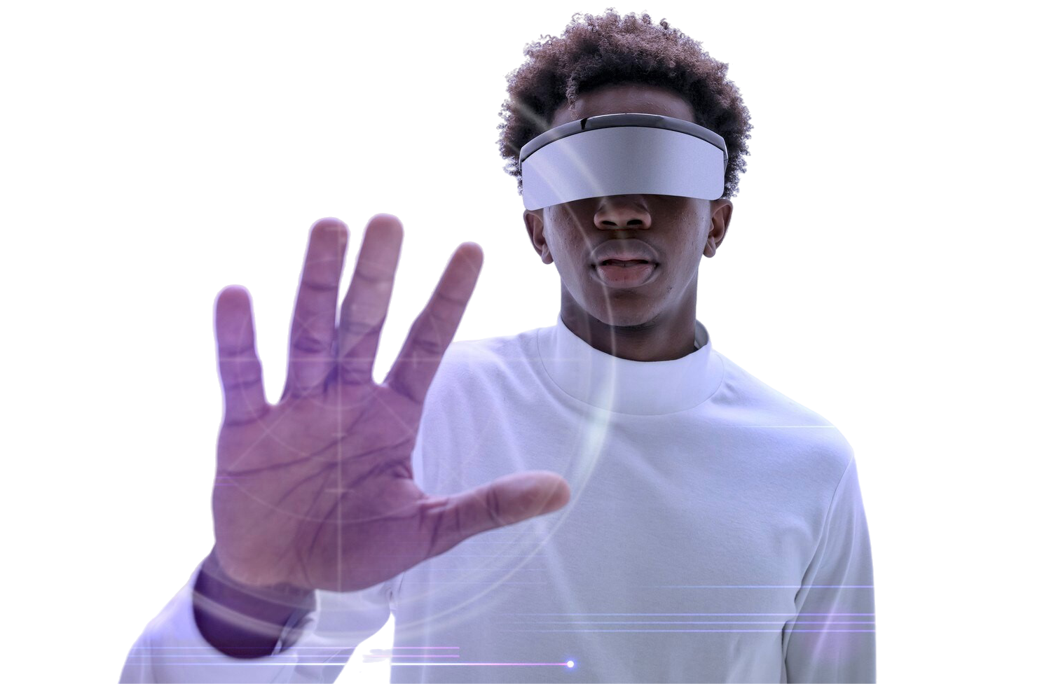 Person wearing AR visor interacting with a digital interface